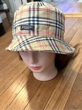 Burberry Tan Tartan Bucket Hat with Black & Red Plaid